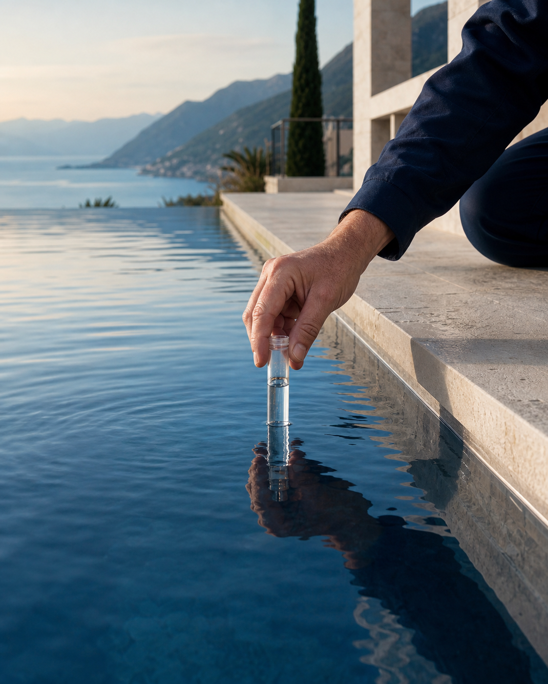 Pool Life specialist precisely testing crystal-clear pool water